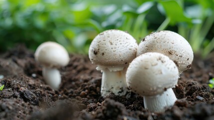 White mushrooms growing on the soil