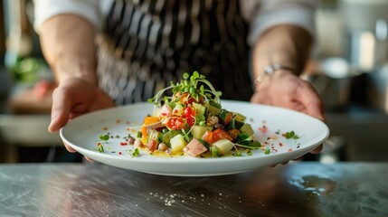 Naklejka premium Vegetable Satsivi on White Plate on Dark Wood Catering Menu
