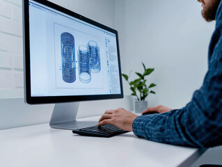 A designer develops a 3D blueprint of cylindrical objects using CAD software. The wireframe structure on the screen shows precise, complex geometry, with focus on technical accuracy.