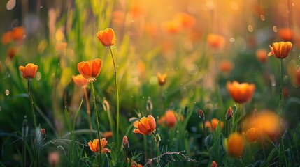 Vivid orange flowers in the Siberian spring meadow with soft bokeh background