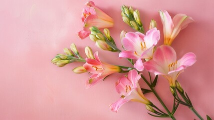 Freesia blooms on pink backdrop