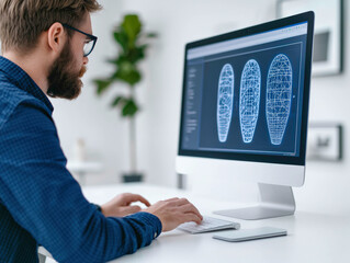 A product designer focuses on creating 3D prototypes of shoe soles using advanced modeling software. The computer screen displays wireframe designs of multiple sole concepts, emphasizing precision.