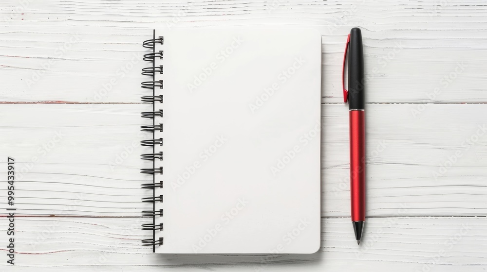 Poster white background with a pen and blank notebook symbolizing education and back to school