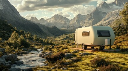 A travel trailer in a scenic valley, with mountains and a river nearby