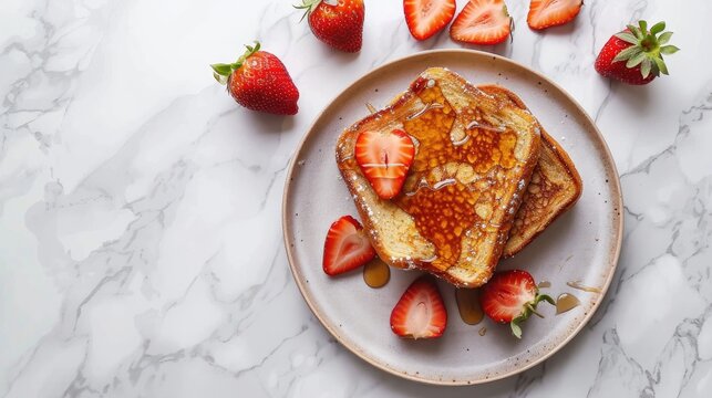 French toast with strawberries maple syrup on plate white marble background Top view flat lay