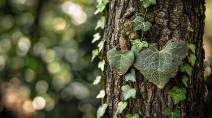 Heart shaped ivy climbing tree trunks