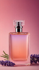 Lavender-hued perfume bottle on a soft pastel gradient background blending pinks, purples, and baby blues