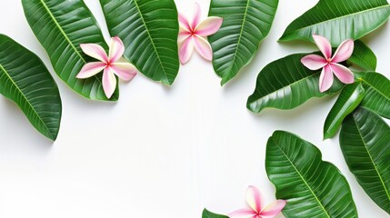 Fototapeta premium Green plumeria leaves and pink flower on white background