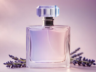 Lavender-hued perfume bottle on a soft pastel gradient background blending pinks, purples, and baby blues