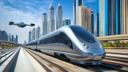 High-Speed Rail and Future Cityscape: Sleek, modern high-speed train traversing a futuristic cityscape with a drone overhead, representing advanced transportation and urban development. 