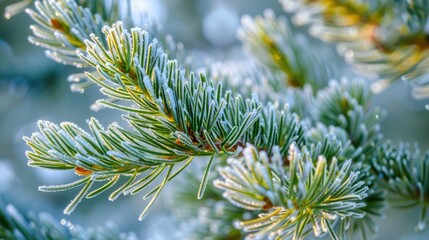 Frost on the pine tree s branches and green needles