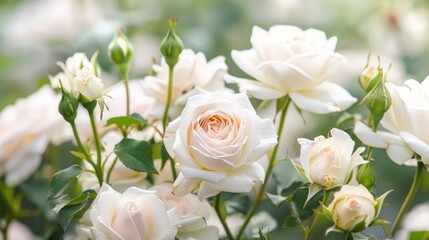 White roses blooming in a park A close up of Rosa Winchester Cathedral with light pink flower buds and white petals flowering in a garden