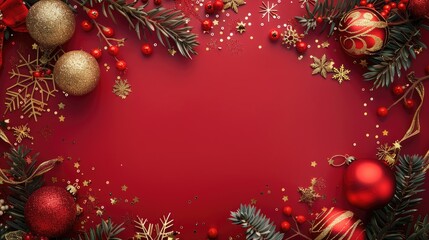 Festive greeting card against crimson backdrop with embellishments