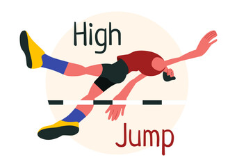 Vector Illustration of a Male Athlete Performing a High Jump, Combining Speed and Technique to Soar Over the Bar in a Flat Style Cartoon Background