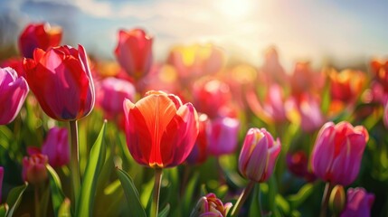 Obraz premium Vibrant tulips in a sunny spring field