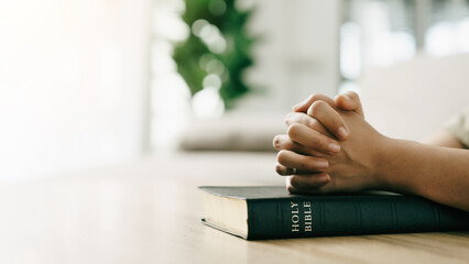Christian pray and worship god with belief and spirituality. Hand praying and praise with the holy...