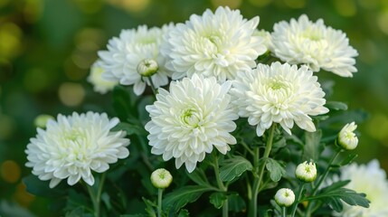White chrysanthemums with green foliage
