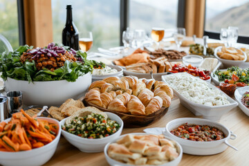 Obraz premium Variety of delicious dishes, bread, and vibrant floral arrangements