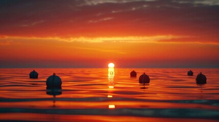 Sunrise with tiny buoys in the front