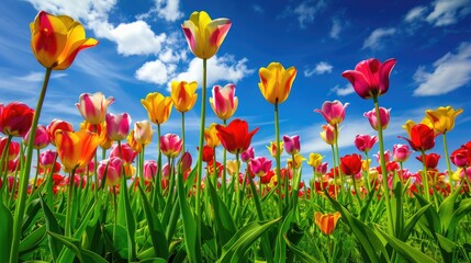 Obraz premium Field of colorful tulips reaching to the sky