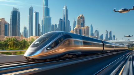 Modern Transportation Train and Skyscrapers in Dubai