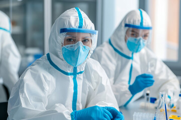 Researchers in face masks and shields work in a laboratory