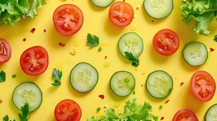 Healthy Lifestyle Concept Organic Salad with Tomatoes and Cucumbers on Yellow Background