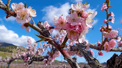 Spring blossoms on an apricot tree with a blue sky in the background