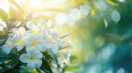 Fototapeta premium White Plumeria Flowers in Blossom on Sunny Spring Day