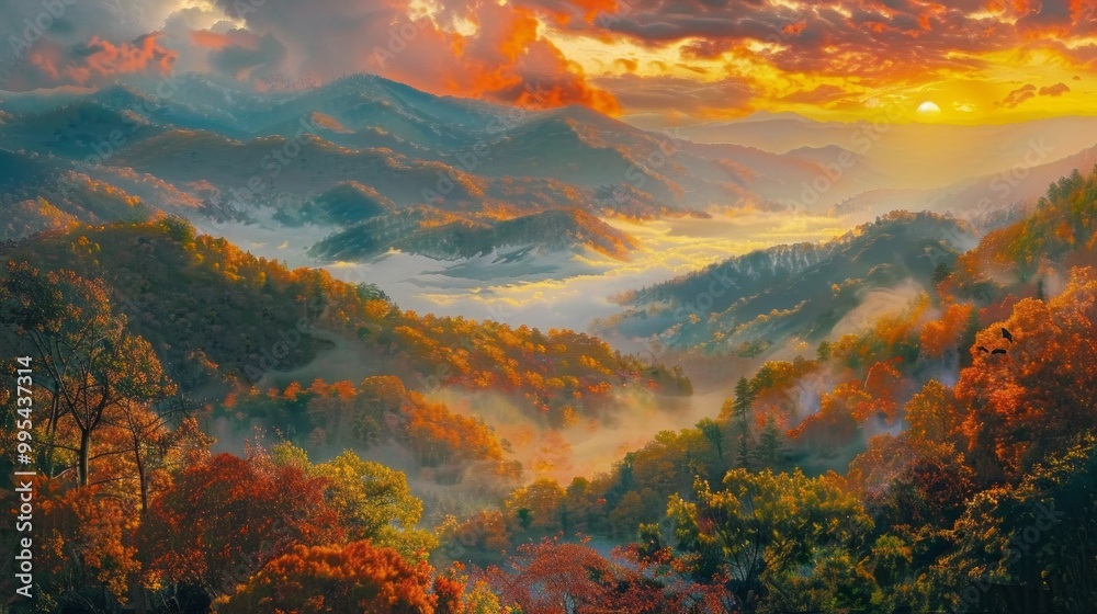 Aufkleber a painting of a mountain range with a sunset in the background