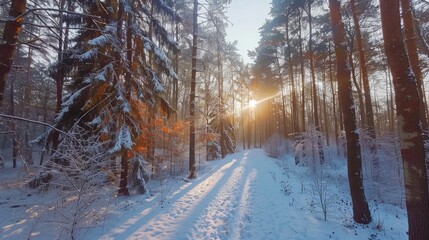 Obraz premium Sunny winter forest on a Sunday morning