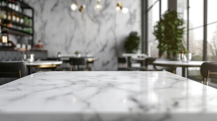 White marble table in a blurry cafe or restaurant interior