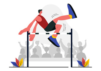 Vector Illustration of a Male Athlete Performing a High Jump, Combining Speed and Technique to Soar Over the Bar in a Flat Style Cartoon Background