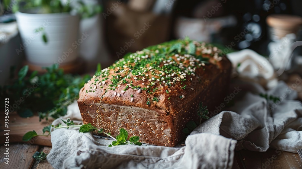 Poster freshly baked buckwheat bread on a table with green seeds for vegan baking