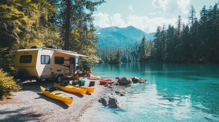 A travel trailer parked beside a crystal-clear lake with kayaks ready for adventure