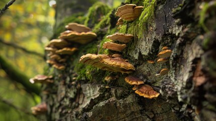 Fungus and moss flourishing on tree surfaces