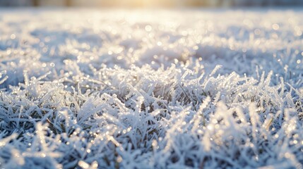 Frozen dried meadow covered with shiny frost crystals in the morning Close up photo