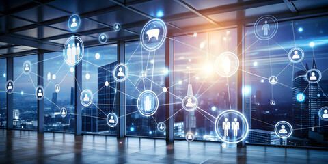 Fototapeta premium Glowing Abstract Digital Art with Connectivity Symbols for Business Mergers and Corporate Growth in Financial Marketing