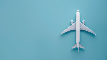 White airplane model and empty frame from above on blue backdrop
