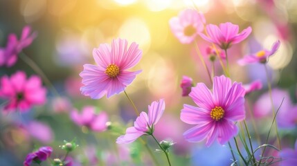 Fototapeta premium Summer Close Up of Pink Flowers in Garden with Blurred Background