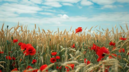 Field of wheat and poppies Natural landscape view