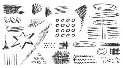 Charcoal pencil hand drawing curly lines, splash, squiggles and shapes. Black elements on white background. Grunge chalk crayon scribbles doodles textures. Rough crayon strokes. Vector illustration