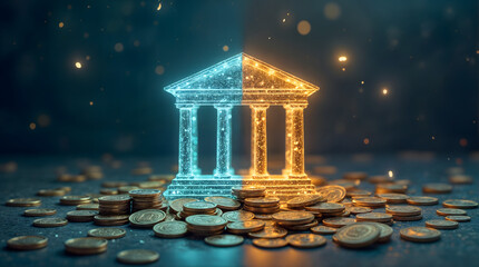 Split glowing bank symbol representing traditional and DeFi financial systems