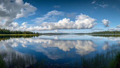 Obraz premium fluffy clouds hang low over a tranquil lake their reflections creating a mirror image on the still water
