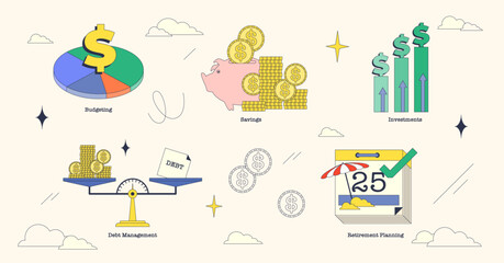 Illustration of financial planning concepts like budgeting, savings, investments, debt management, and retirement planning in neubrutalism style collection.