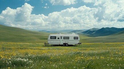 A travel trailer parked in a lush green meadow, with wildflowers and rolling hills