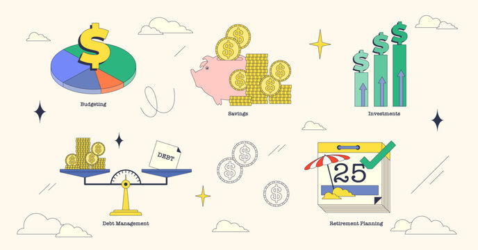 Illustration of financial planning concepts like budgeting, savings, investments, debt management, and retirement planning in neubrutalism style collection.