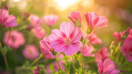 Summer Close Up of Pink Flowers in Garden with Blurred Background