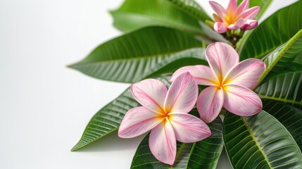 Fototapeta premium Green plumeria leaves and pink flower on white background