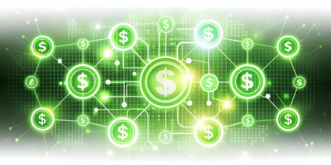 Obraz premium Flat Glowing Abstract Cash Acquisition Concept with Digital Assets Icons - Modern Vector Design for Corporate Financial Transactions & Marketing